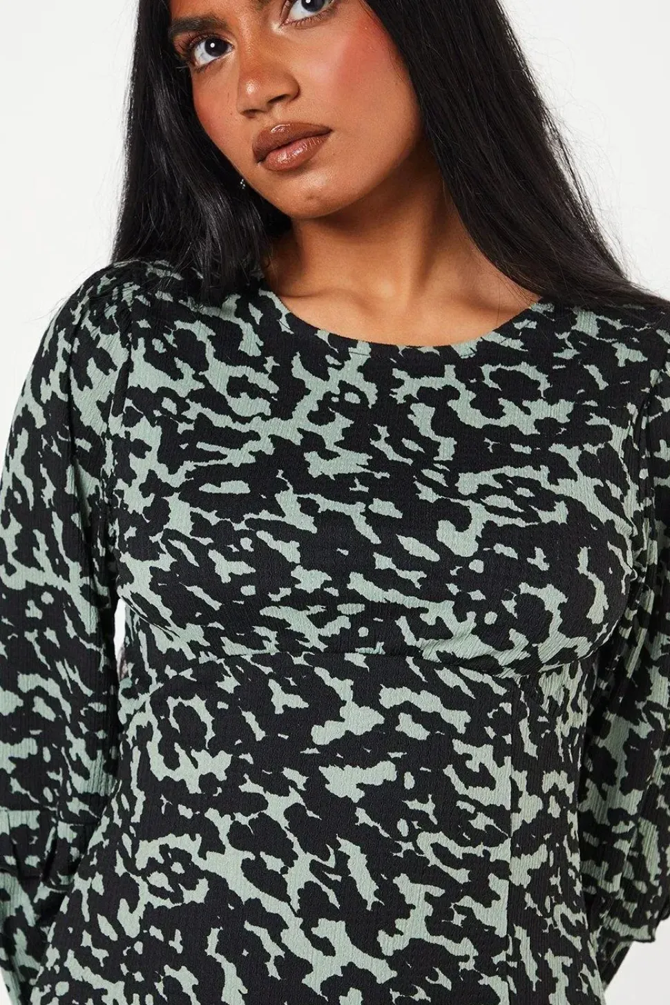 Petite Khaki Animal Print Ruffle Sleeve Midi Dress