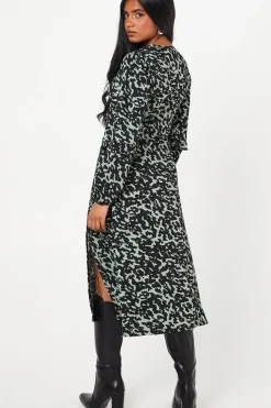 Petite Khaki Animal Print Ruffle Sleeve Midi Dress