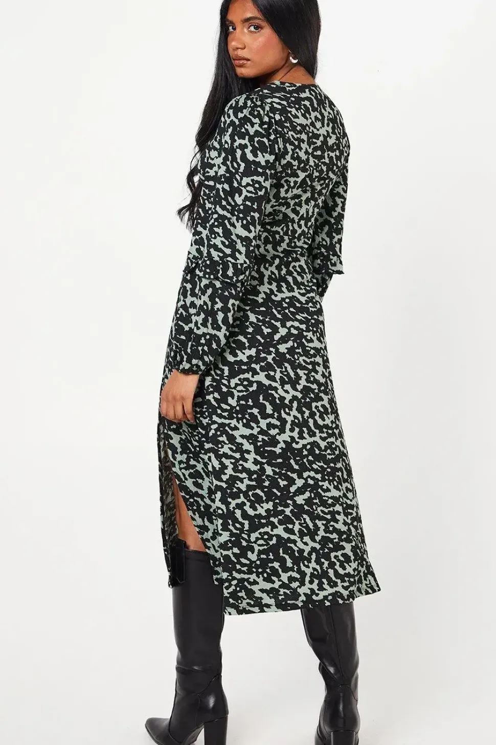 Petite Khaki Animal Print Ruffle Sleeve Midi Dress