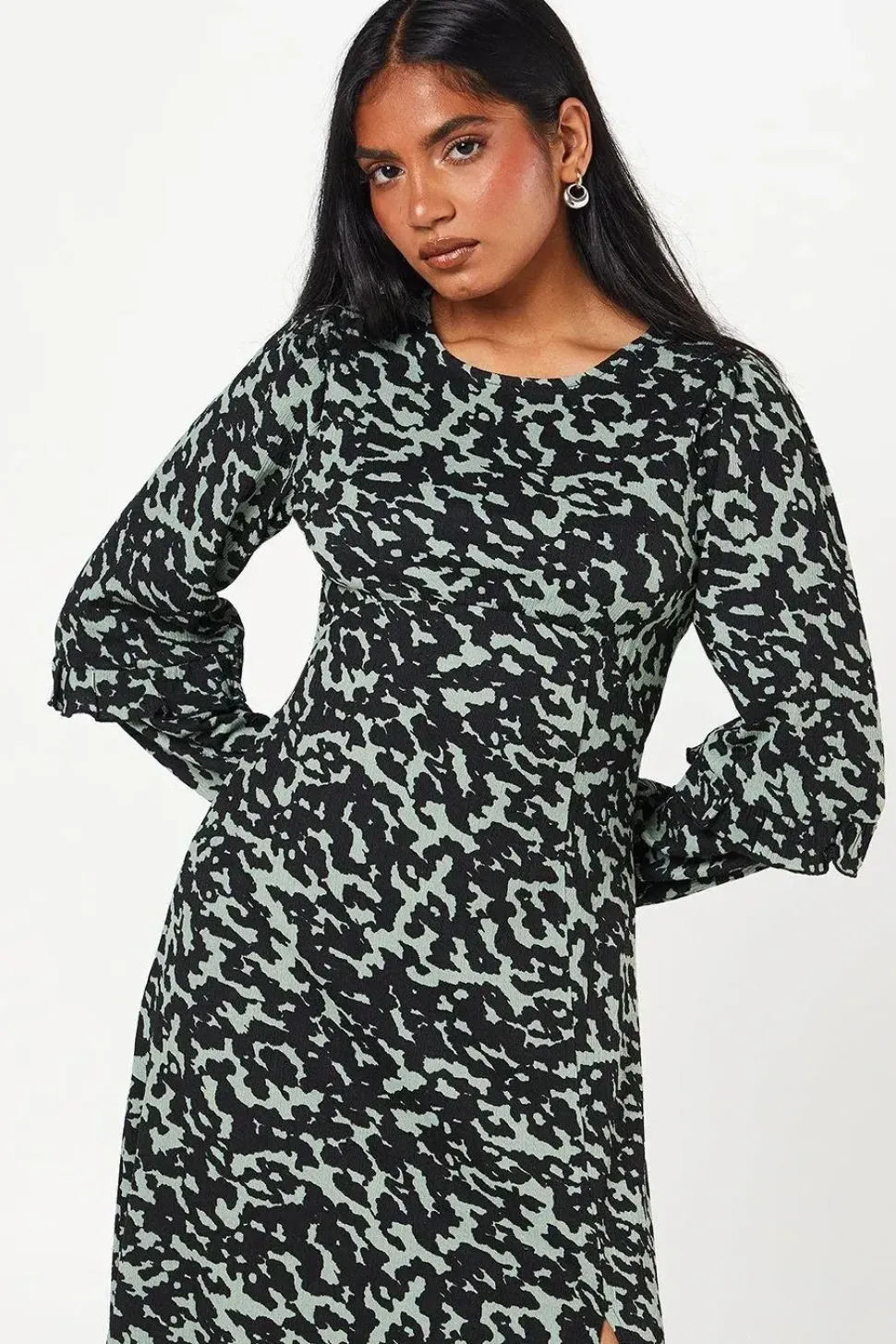 Petite Khaki Animal Print Ruffle Sleeve Midi Dress