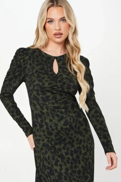 Petite Khaki Animal Ruched Keyhole Front Midi Dress
