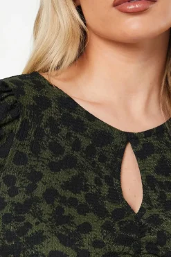 Petite Khaki Animal Ruched Keyhole Front Midi Dress