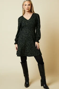 Petite Khaki Animal V Neck Mini Dress