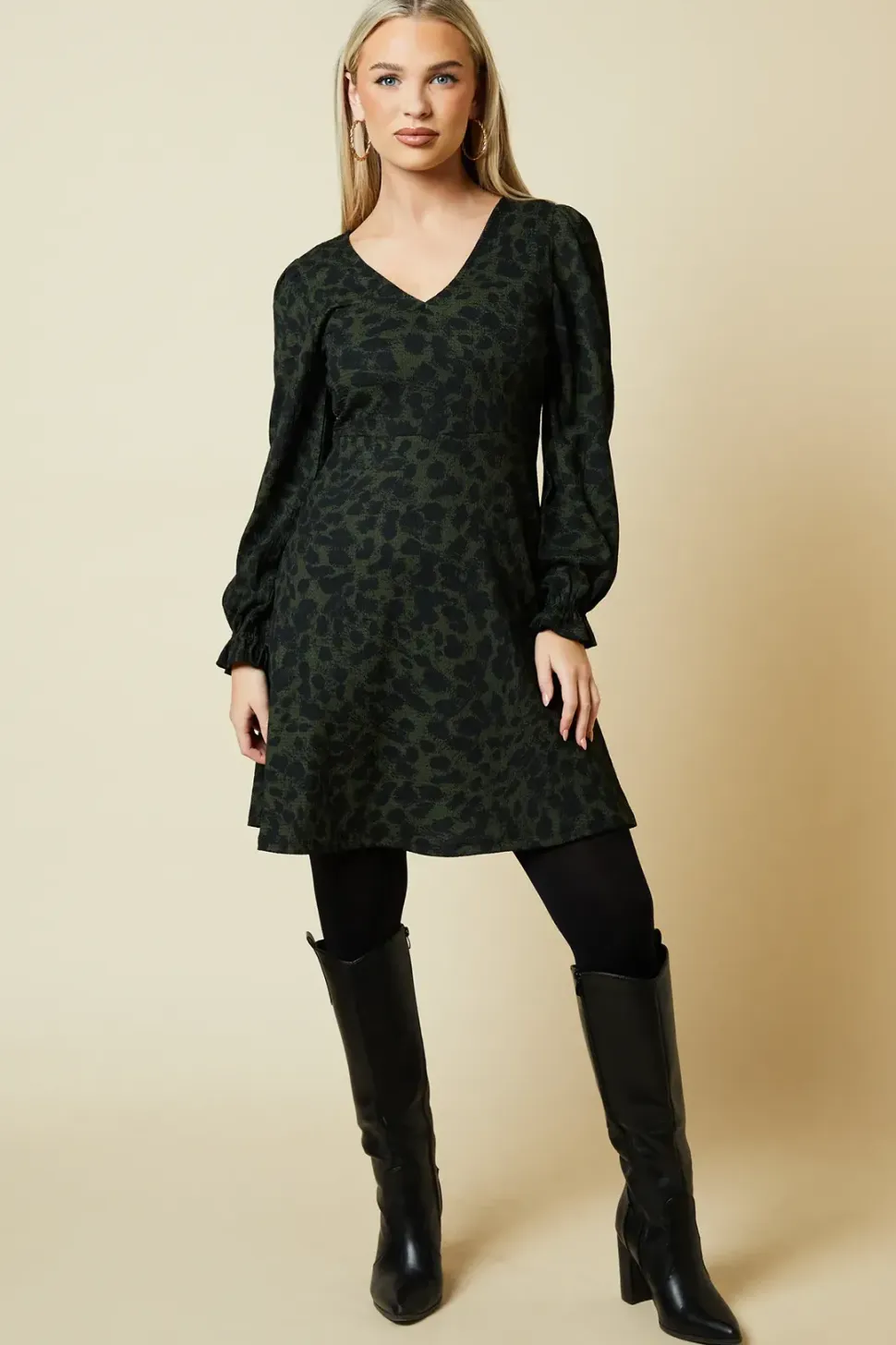 Petite Khaki Animal V Neck Mini Dress