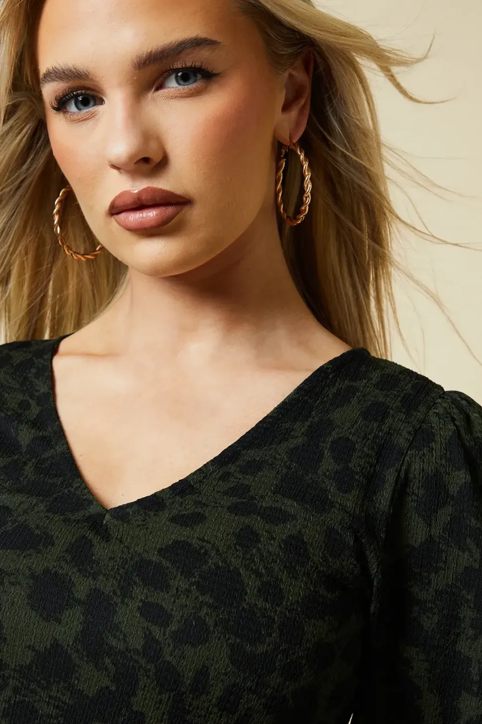 Petite Khaki Animal V Neck Mini Dress