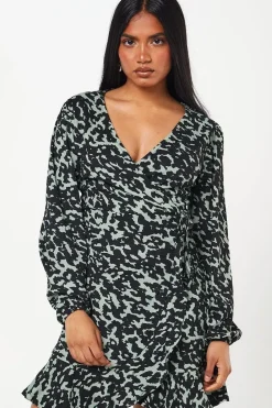 Petite Khaki Animal Wrap Mini Dress