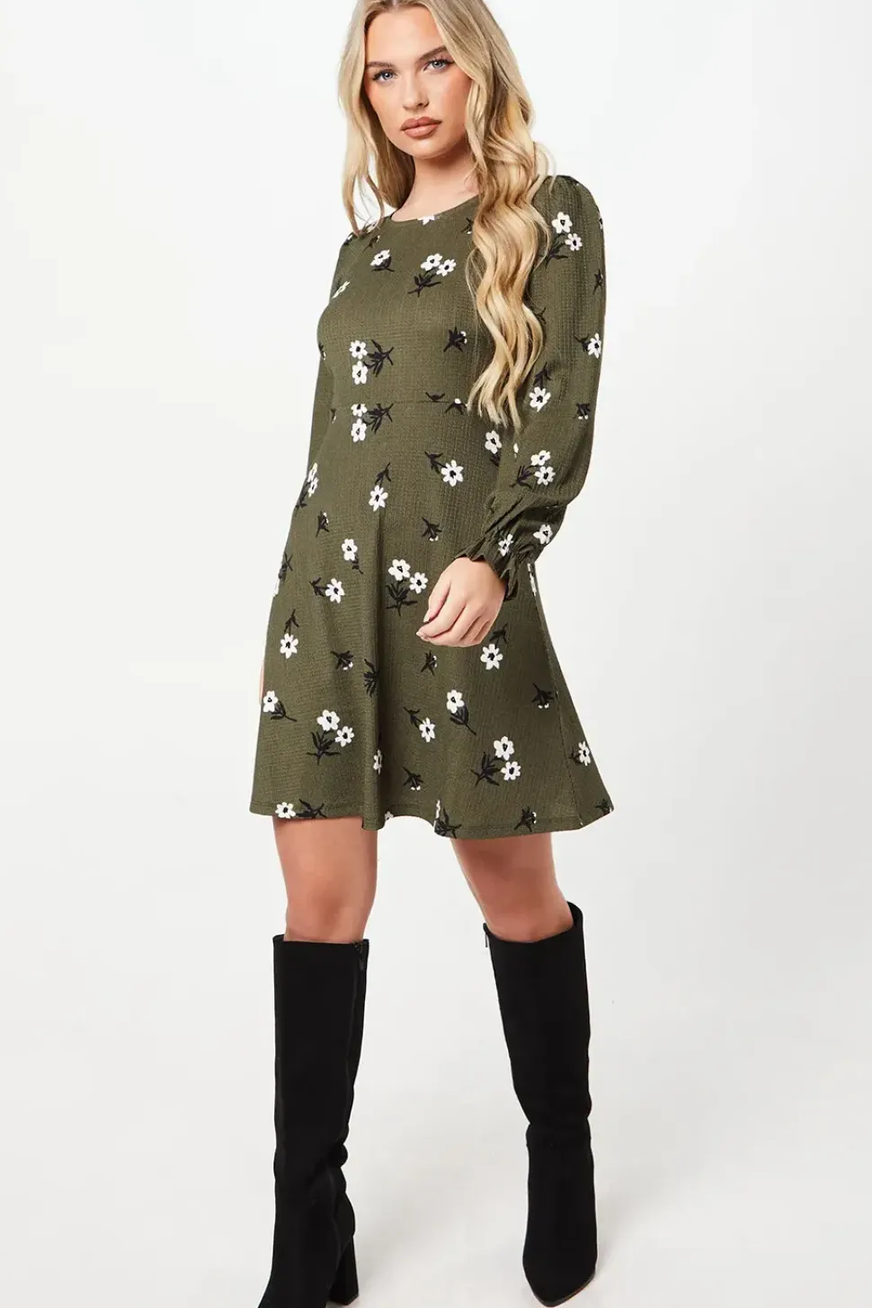 Petite Khaki Floral V Neck Mini Dress