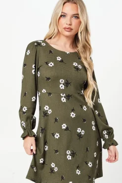 Petite Khaki Floral V Neck Mini Dress
