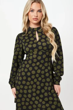 Petite Khaki Spot Keyhole Mini Dress