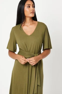 Petite Khaki Tie Front Jersey Midi Dress