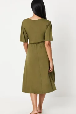 Petite Khaki Tie Front Jersey Midi Dress