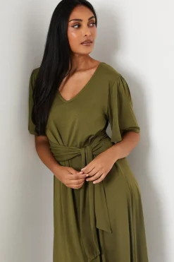 Petite Khaki Tie Front Jersey Midi Dress