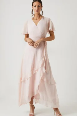 Petite Kimono Sleeve Ruffle Chiffon Maxi Bridesmaids Dress