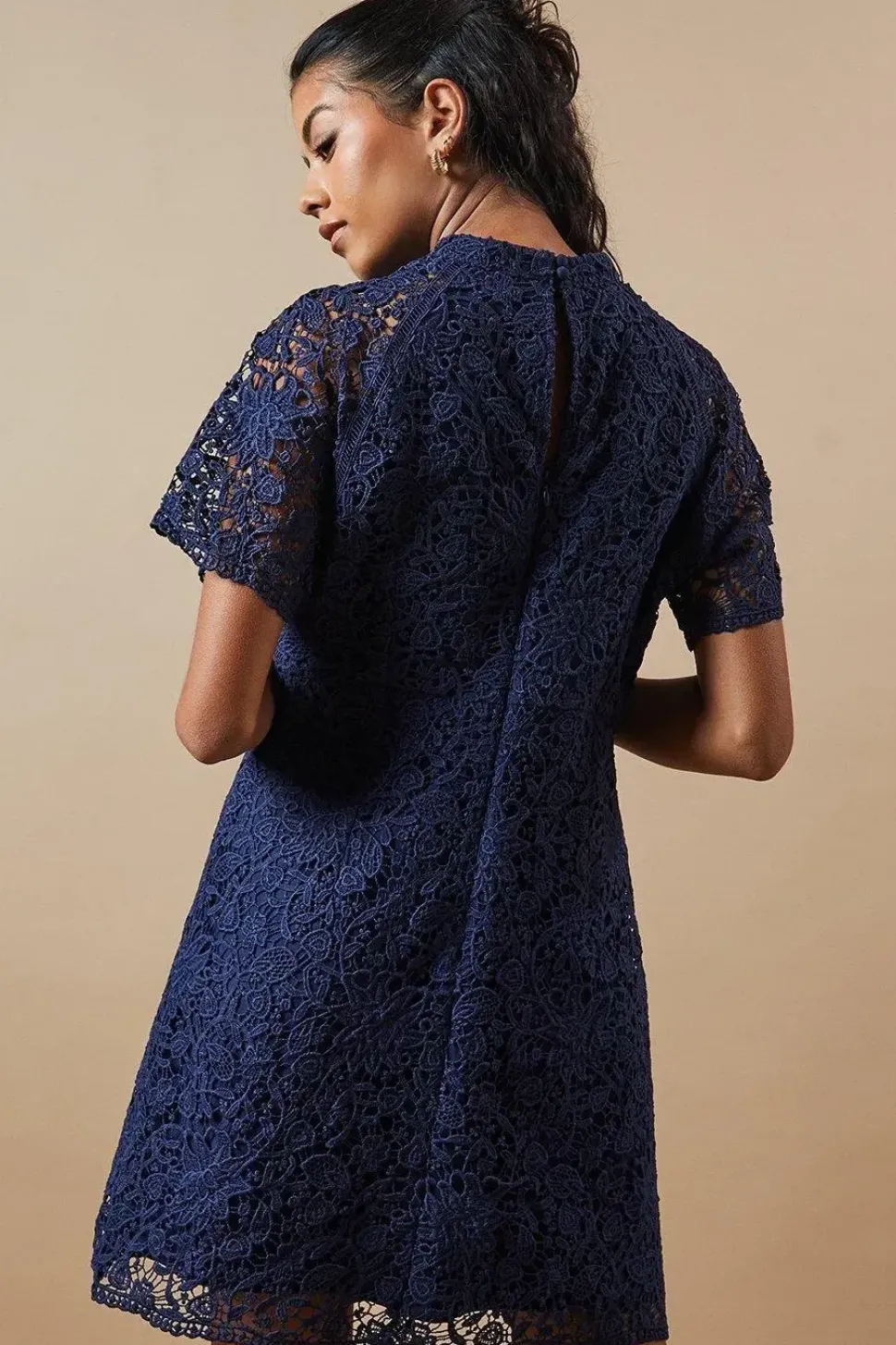 Petite Lace High Neck Button Mini Dress