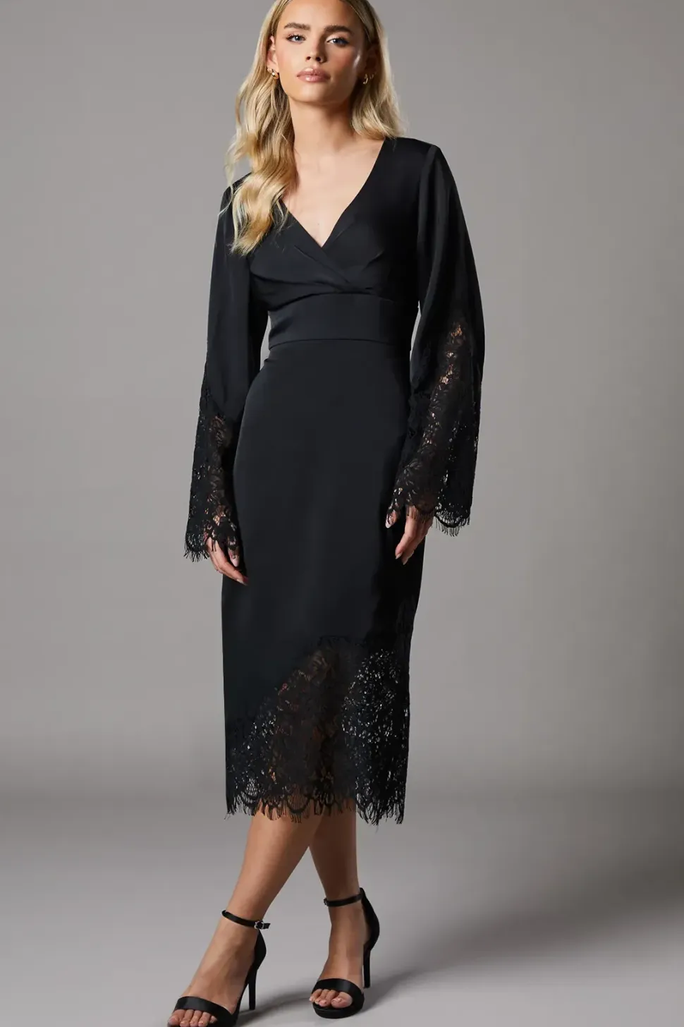 Petite Lace Panelled Satin Wrap Midi Dress