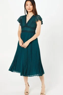 Petite Lace Top Pleated Skirt Fit & Flare Midi Dress