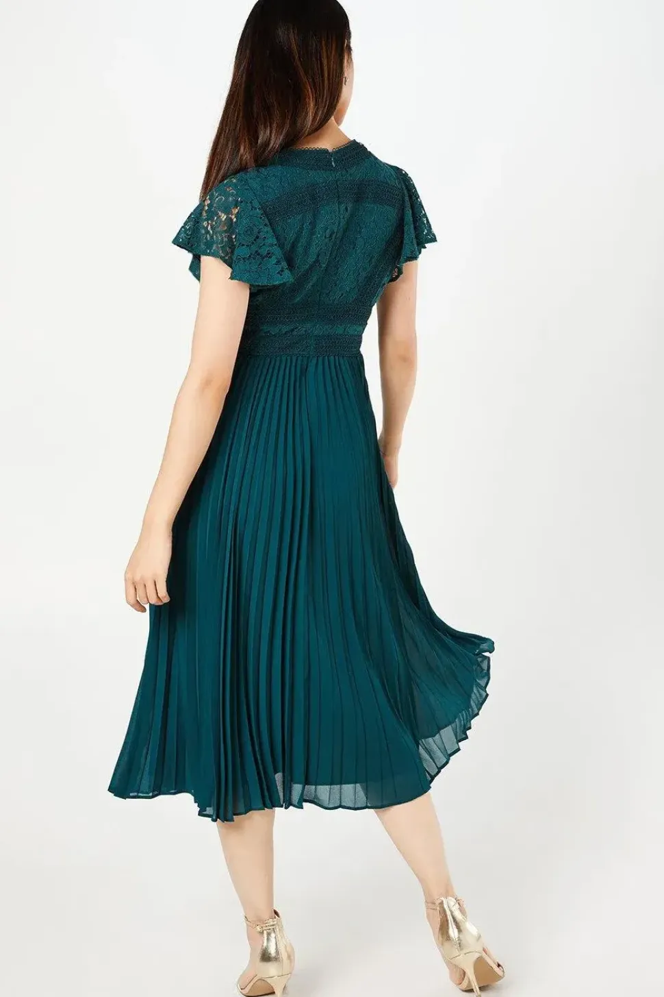Petite Lace Top Pleated Skirt Fit & Flare Midi Dress