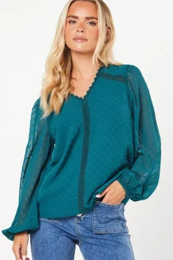 Petite Lace Trim Dobby Chiffon Blouse