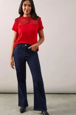 Petite Lace Trim Ruffle Neck Top