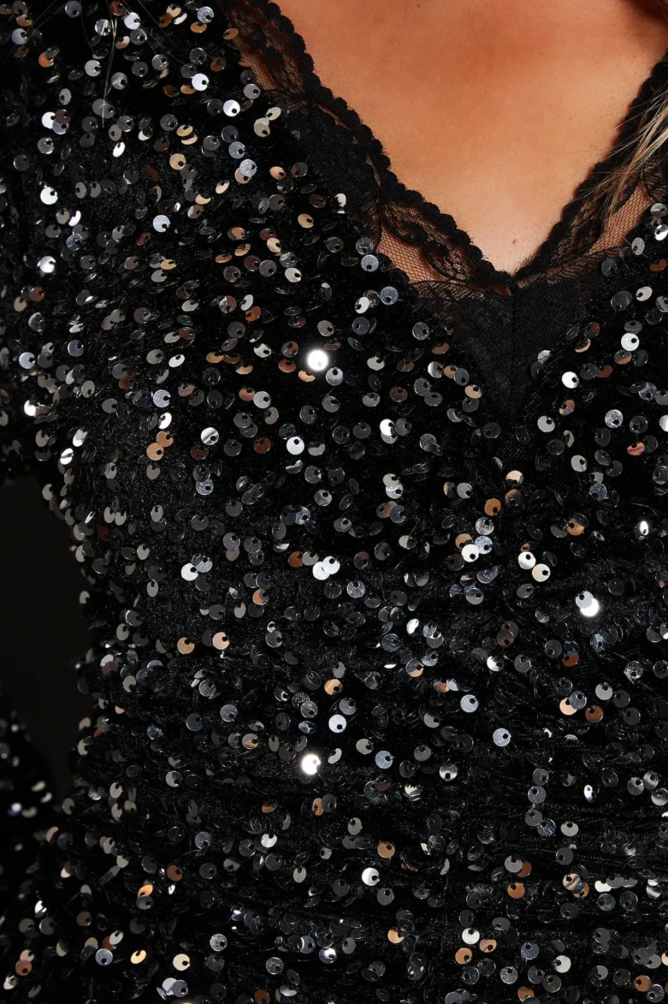 Petite Lace Trim Sequin Mini Dress