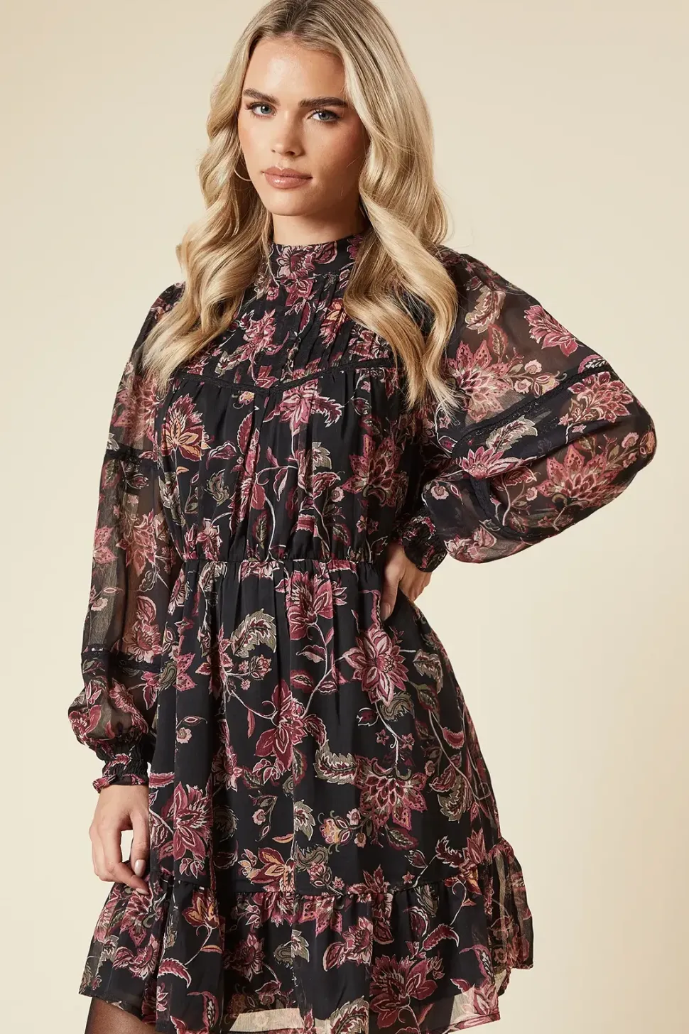 Petite Large Floral Chiffon Pleated Yoke Mini Dress