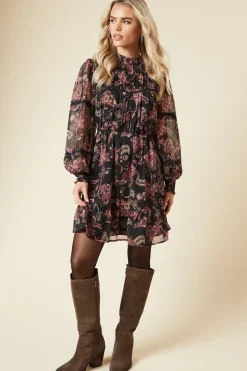 Petite Large Floral Chiffon Pleated Yoke Mini Dress