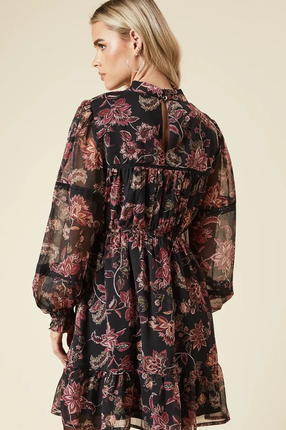 Petite Large Floral Chiffon Pleated Yoke Mini Dress