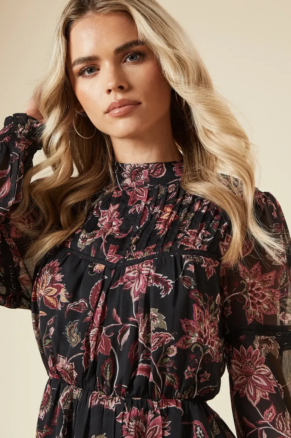 Petite Large Floral Chiffon Pleated Yoke Mini Dress