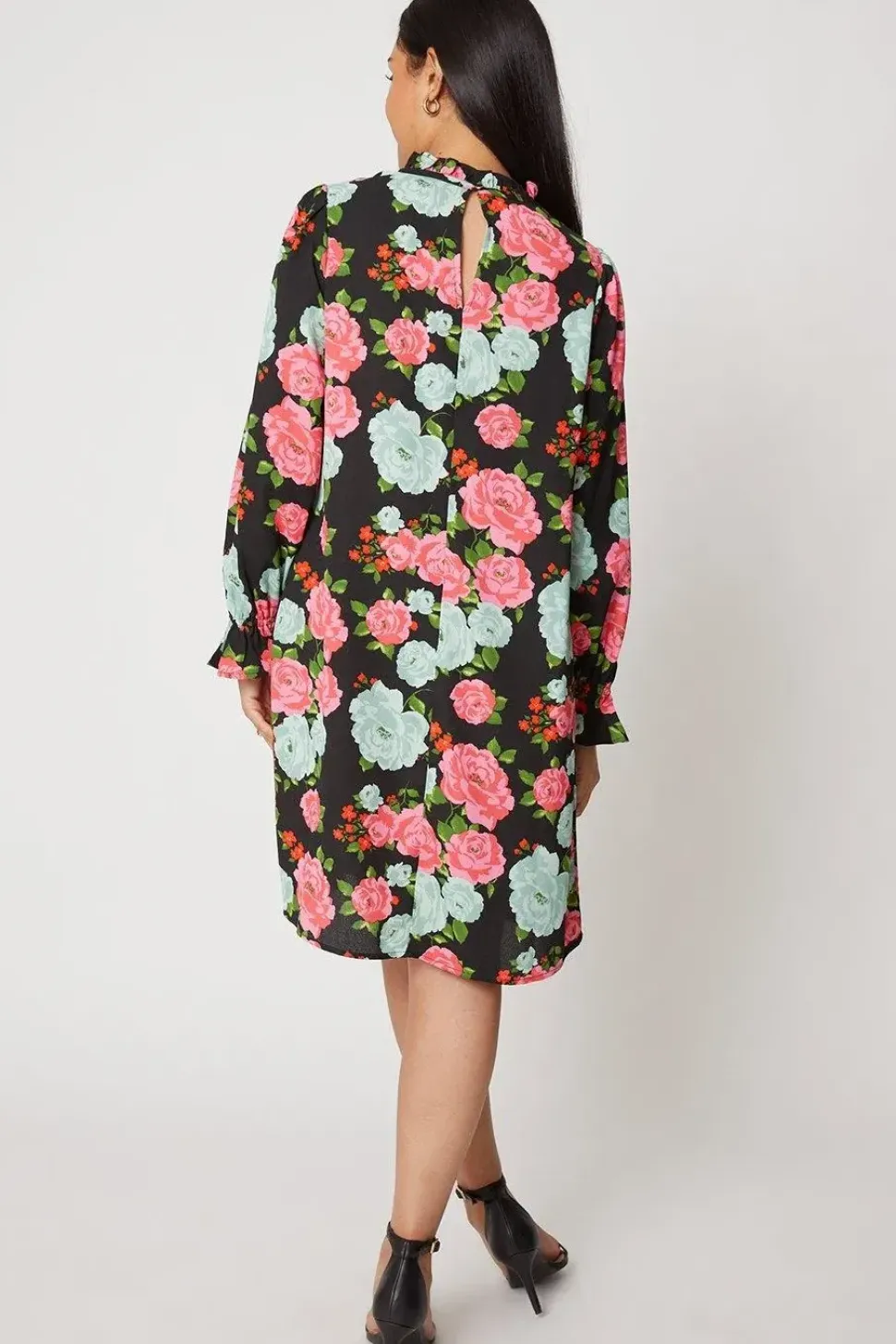 Petite Large Floral Ruffle Neck Shift Dress