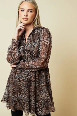 Petite Leopard Chiffon Lace Insert Long Sleeve Mini Dress