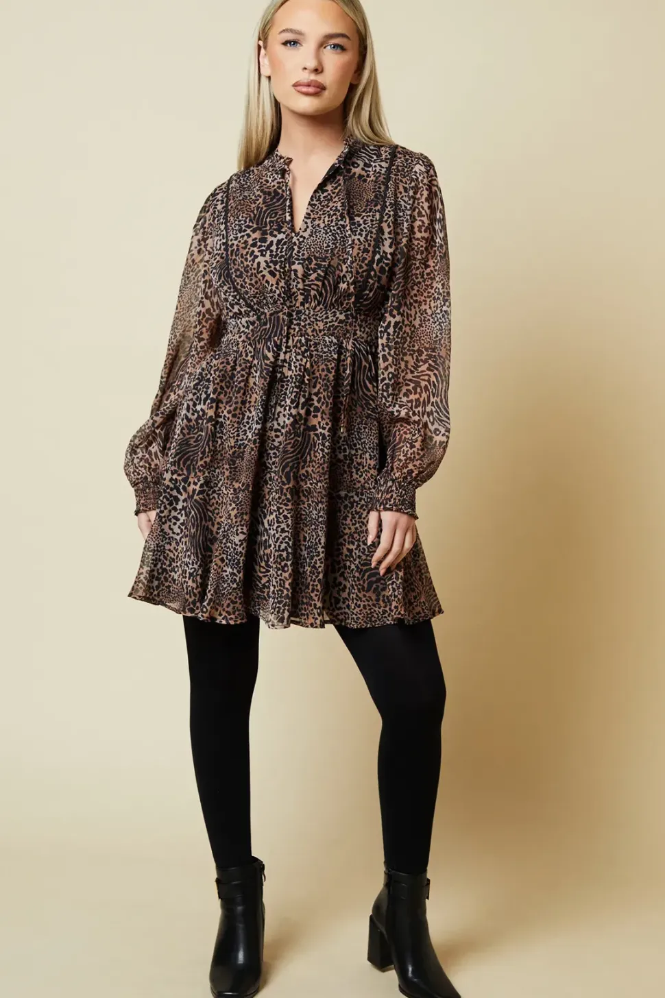 Petite Leopard Chiffon Lace Insert Long Sleeve Mini Dress