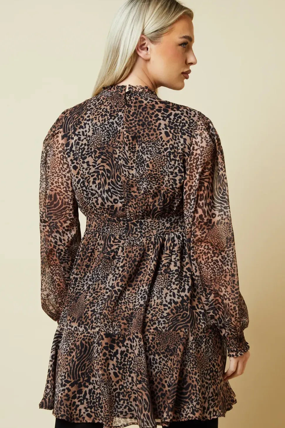 Petite Leopard Chiffon Lace Insert Long Sleeve Mini Dress