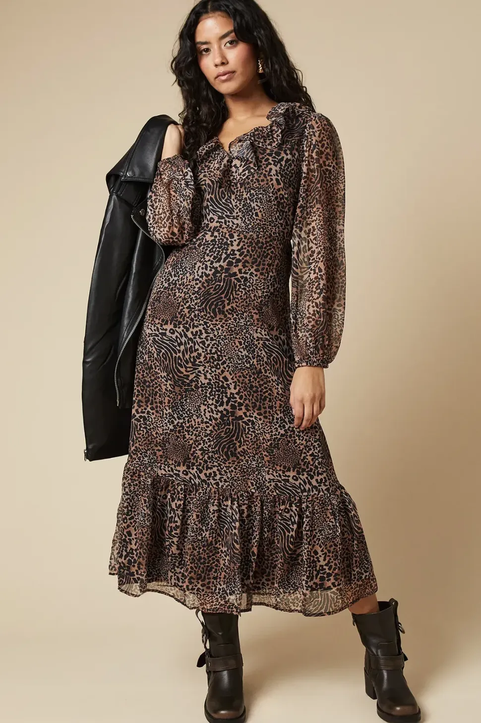Petite Leopard Chiffon Ruffle Neck Long Sleeve Midi Dress