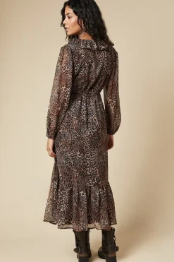 Petite Leopard Chiffon Ruffle Neck Long Sleeve Midi Dress