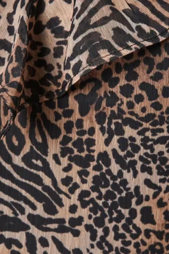 Petite Leopard Chiffon Ruffle Neck Long Sleeve Midi Dress