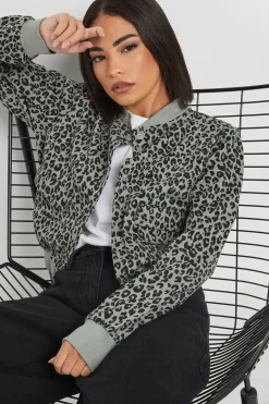 Petite Leopard Print Cropped Bomber Jacket