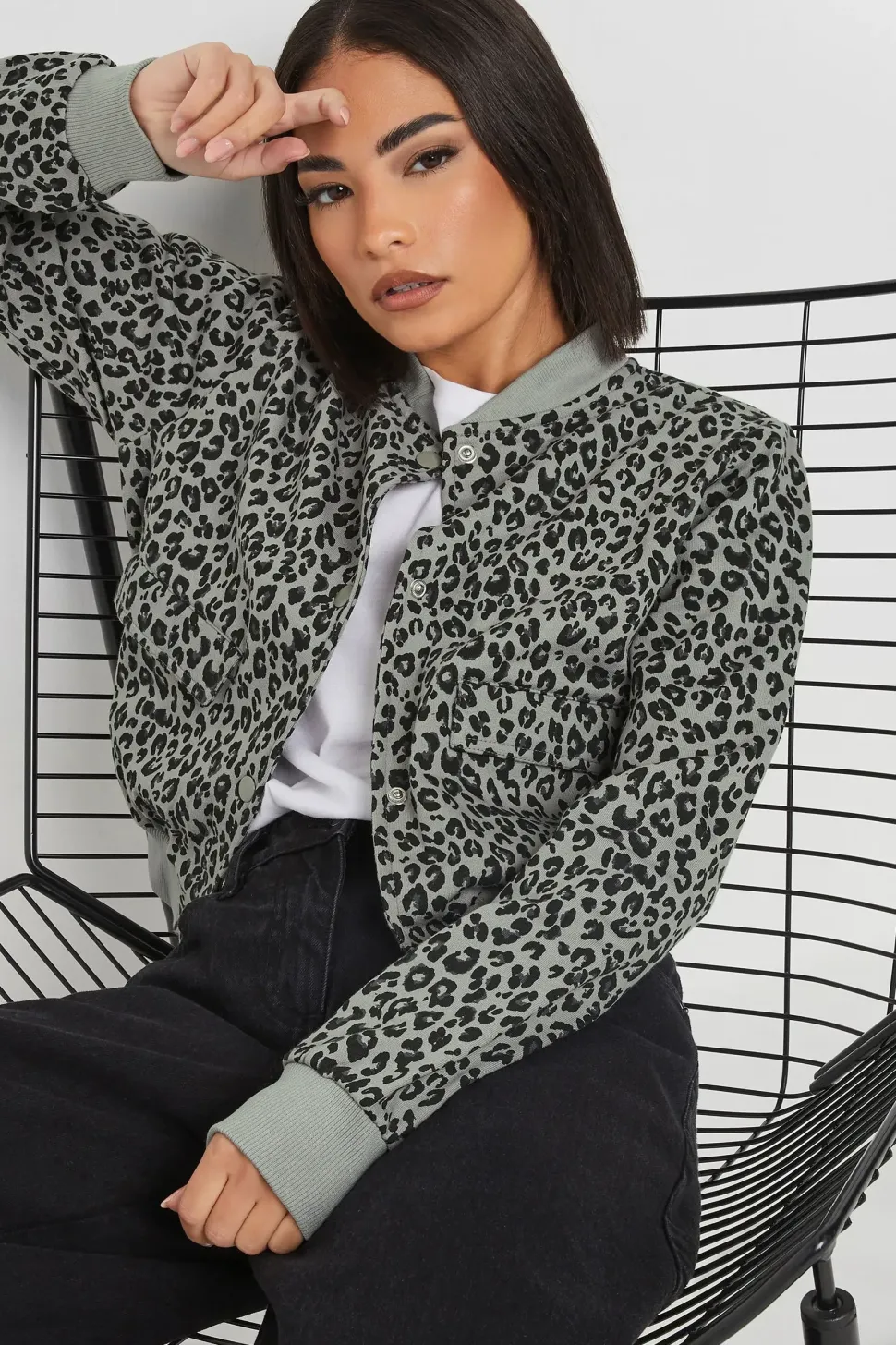 Petite Leopard Print Cropped Bomber Jacket