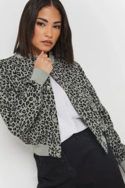 Petite Leopard Print Cropped Bomber Jacket