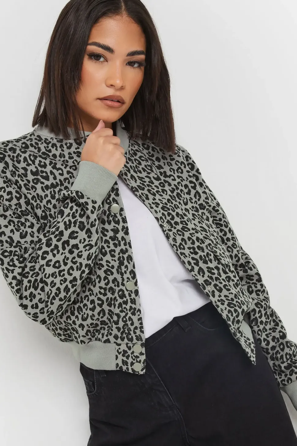 Petite Leopard Print Cropped Bomber Jacket