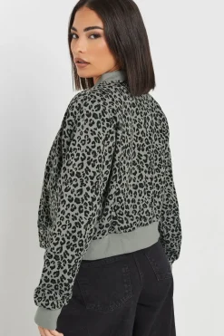 Petite Leopard Print Cropped Bomber Jacket