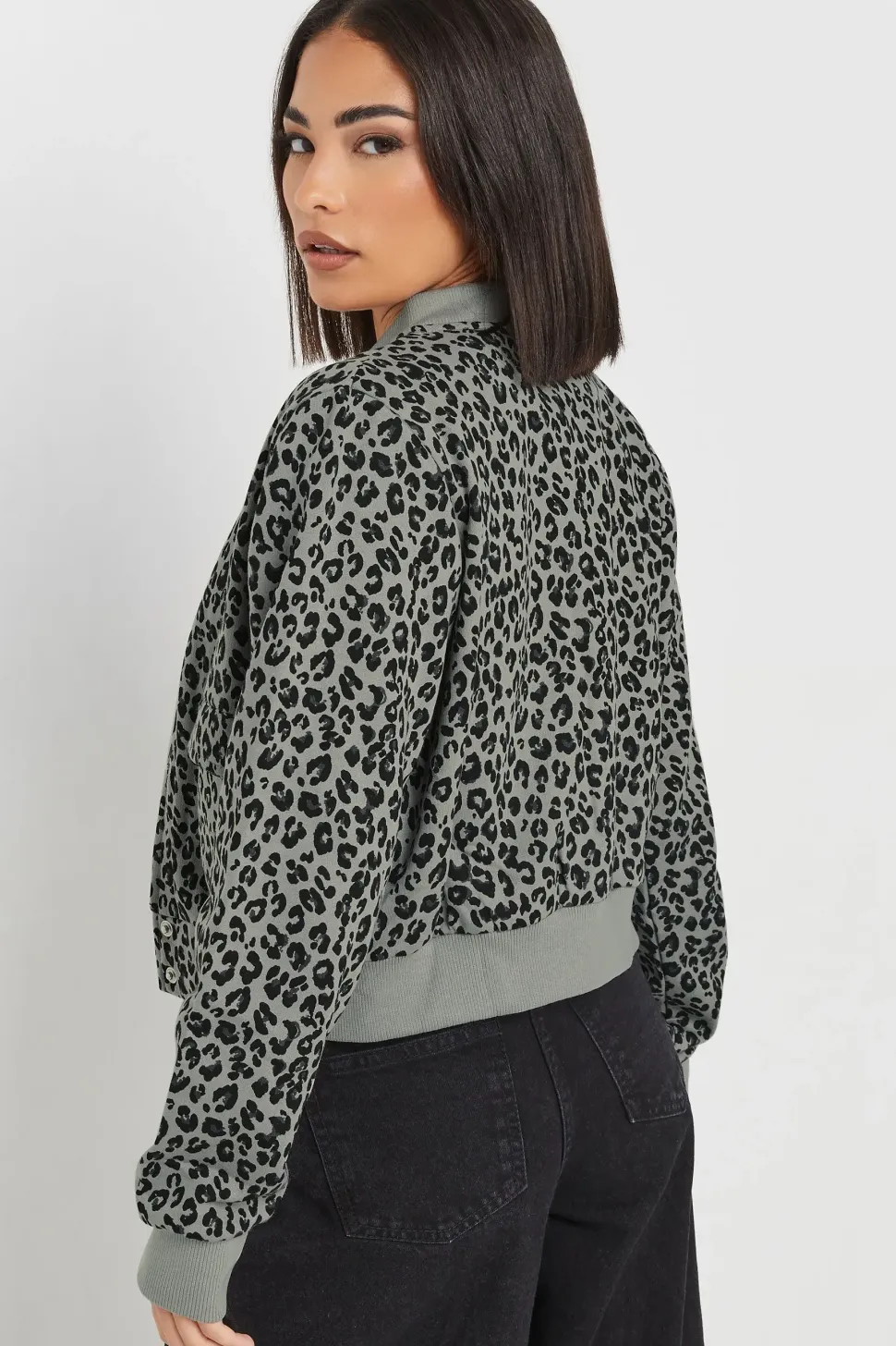 Petite Leopard Print Cropped Bomber Jacket