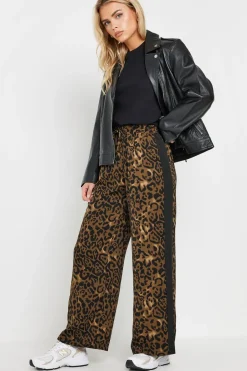 Petite Leopard Print Striped Wide Leg Trousers