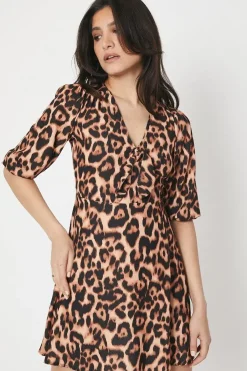 Petite Leopard Tie Front Mini Dress 3/4 Sleeve