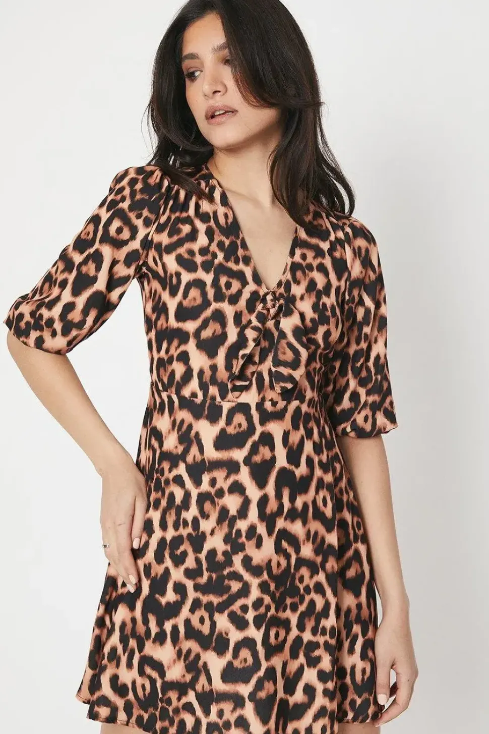 Petite Leopard Tie Front Mini Dress 3/4 Sleeve