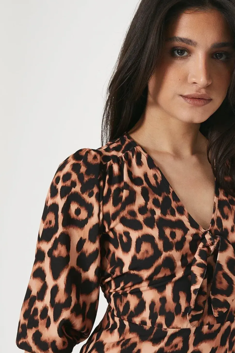 Petite Leopard Tie Front Mini Dress 3/4 Sleeve
