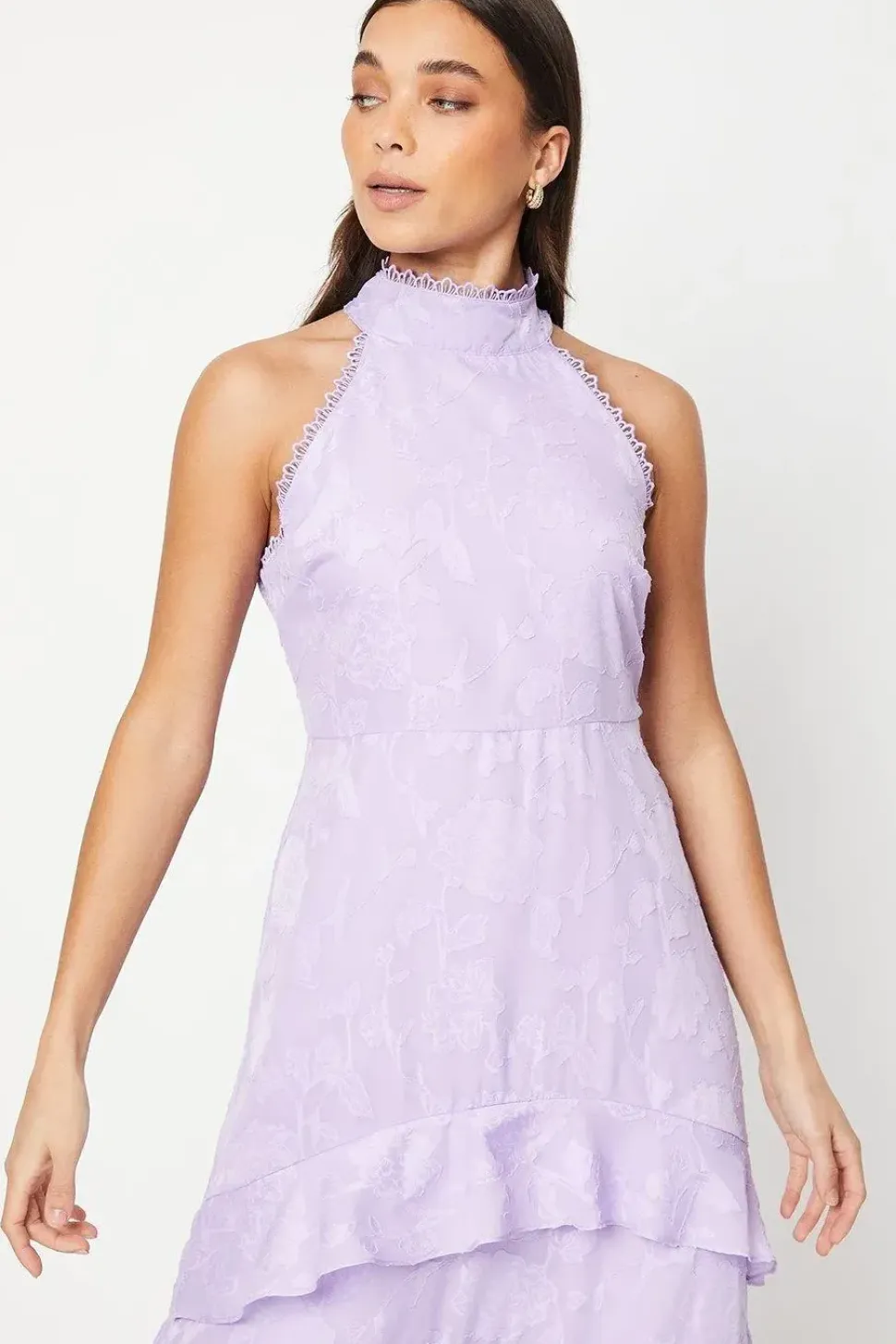 Petite Lilac Satin Jacquard Halterneck Midi Dress