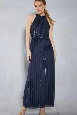 Petite Linear Sequin Halter Neck Maxi Dress