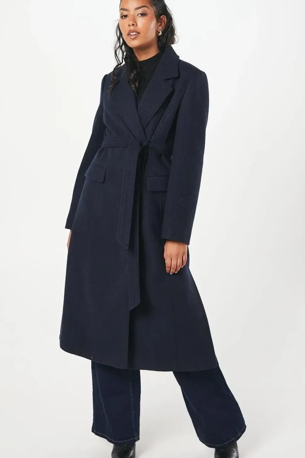 Petite Long Line Belted Coat With Splits