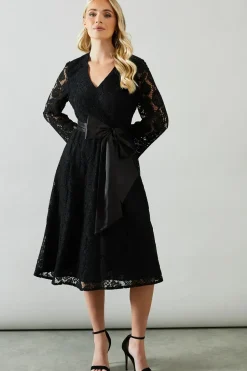 Petite Long Sleeve Satin Belt Lace Midi Dress