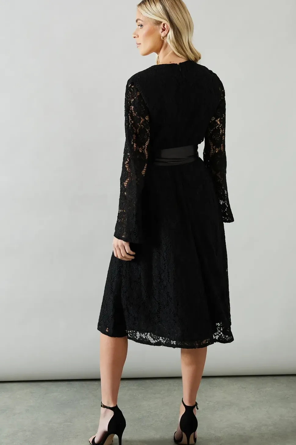 Petite Long Sleeve Satin Belt Lace Midi Dress